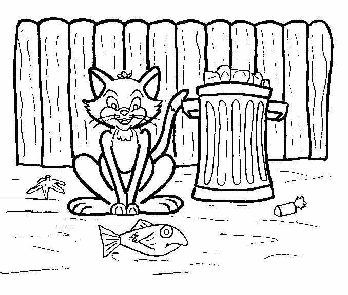 Название: Раскраска Распечатать раскраску кошка возле мусорного бака, рыбка. Категория: . Теги: .