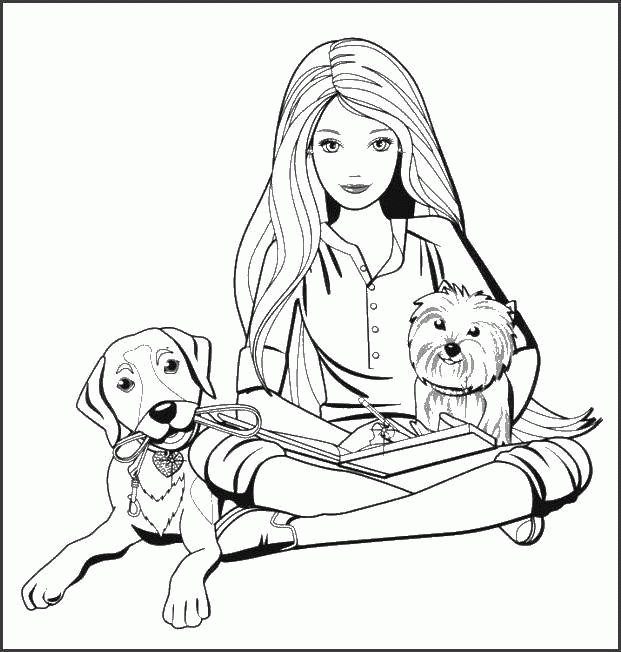 Название: Раскраска Девочка сидит со своими собаками. Категория: . Теги: .