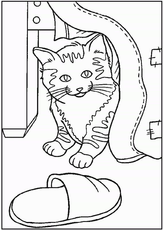 Название: Раскраска Распечатать раскраску кошка выглядывает из под одеяла, тапочек. Категория: . Теги: .