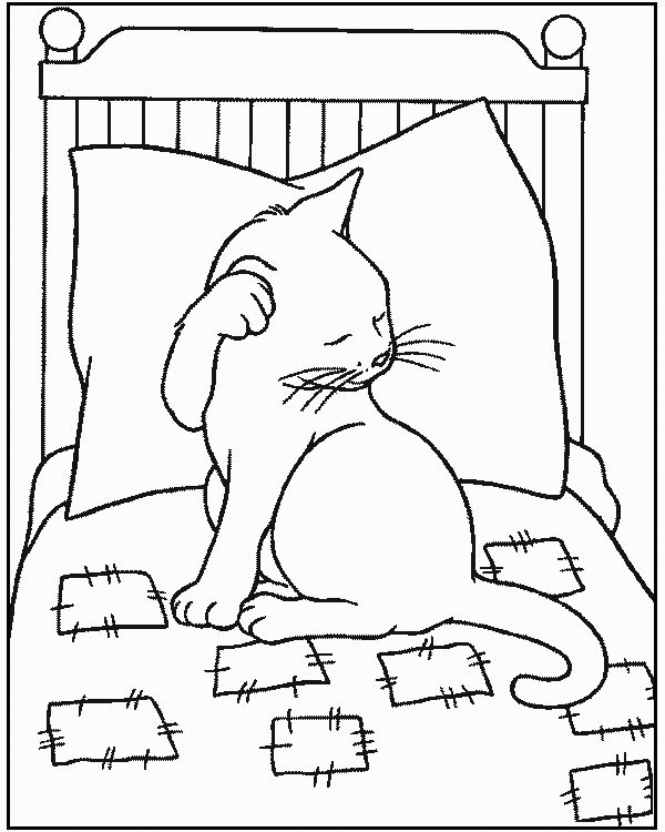 Название: Раскраска Распечатать раскраску кошка на кровати. Категория: . Теги: .