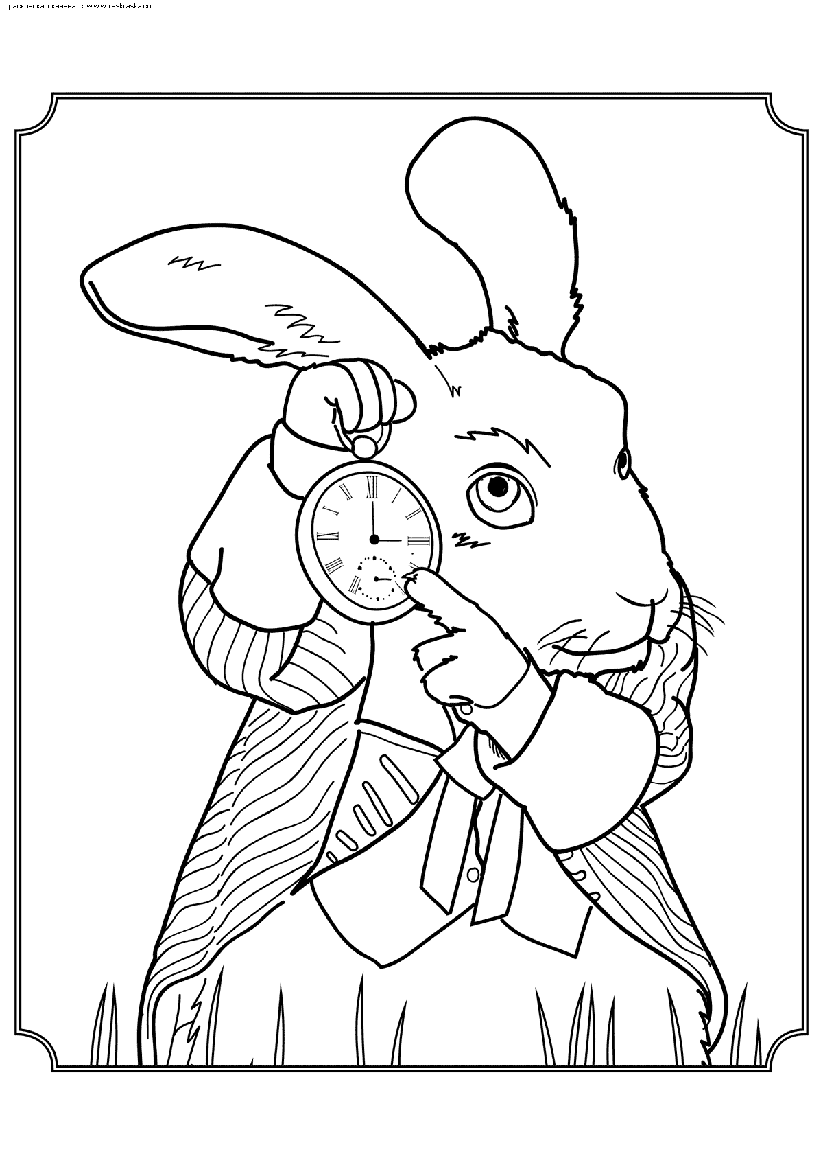 Название: Раскраска Раскраска Белый кролик с часами. Раскраска Раскраска из фильма Алиса в Зазеркалье, раскраска Кролик из Алисы. Категория: . Теги: .