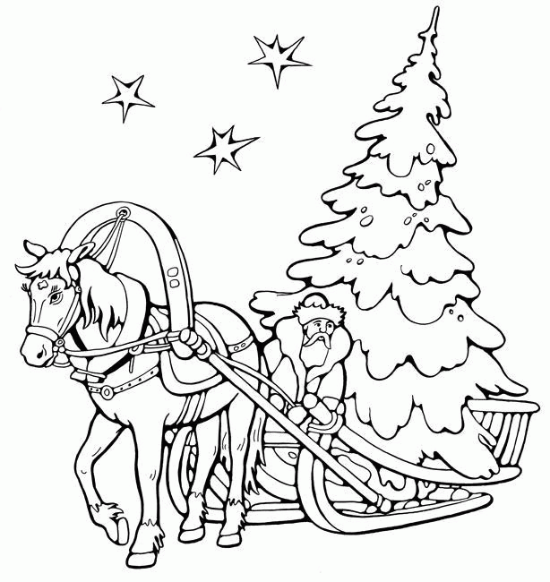 Название: Раскраска Дед мороз везет елку в санях с лошадью. Категория: . Теги: .