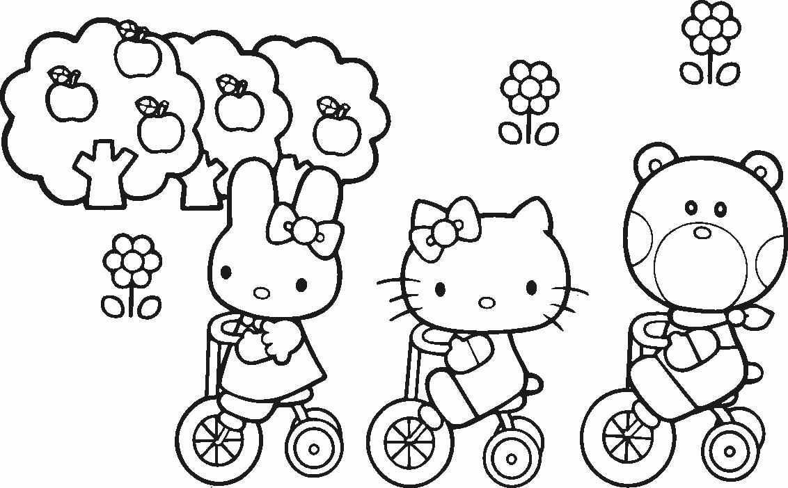 Название: Раскраска Китти, зайка и мишка на велосипедах. Категория: . Теги: .