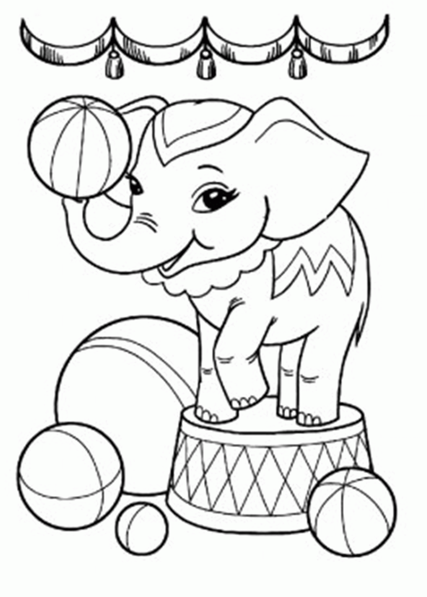 Название: Раскраска Маленький слоненок стоит на тумбе и балансирует мячиком на своем хоботе. Категория: . Теги: .