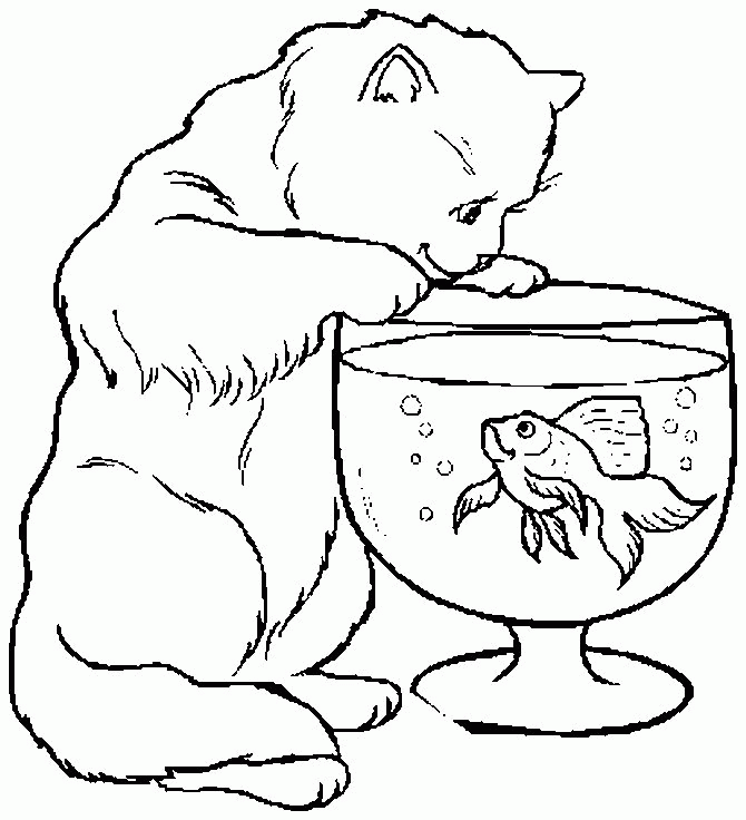 Название: Раскраска Распечатать раскраску кошка, аквариум и рыбка. Категория: . Теги: .