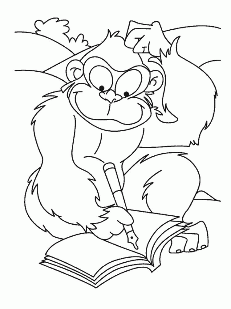 Название: Раскраска Раскраска Обезьяна пишет в книге. Скачать обезьяна.  Распечатать Дикие животные. Категория: . Теги: .