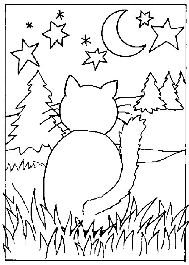 Название: Раскраска Раскраски кошки  кошка, луна, деревья, лес, раскраски. Категория: . Теги: .