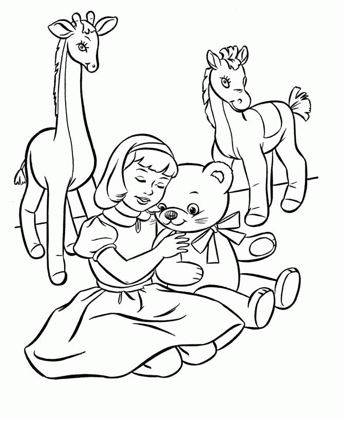 Название: Раскраска Девочка с игрушками животными, жираф, лошадка, мишка. Категория: . Теги: .