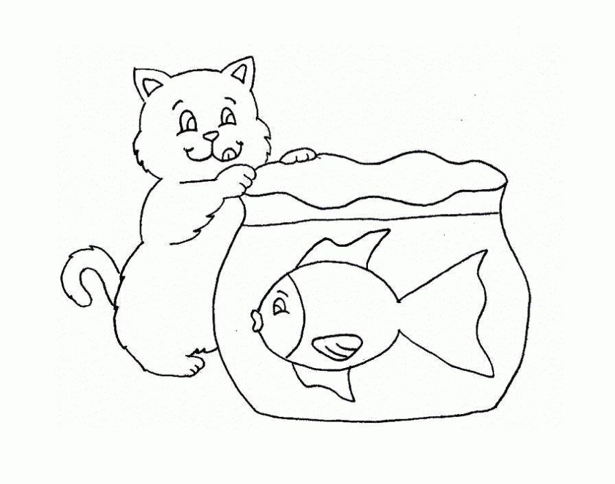 Название: Раскраска Кошка играющая с рыбками. Категория: . Теги: .