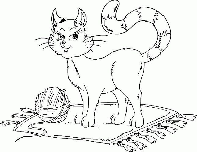 Название: Раскраска Распечатать раскраску кошка с клубком на коврике. Категория: . Теги: .
