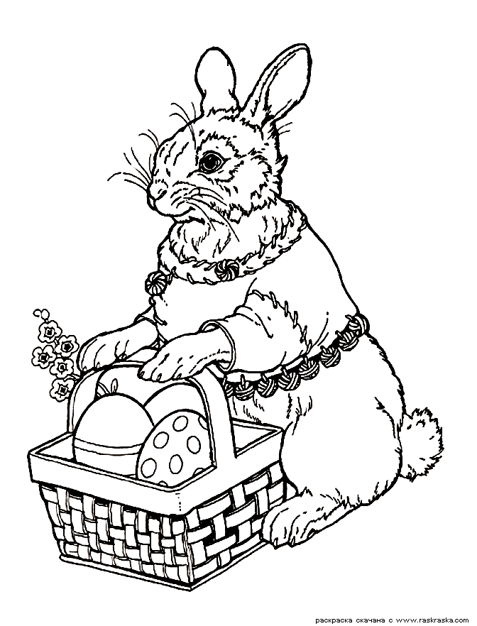 Название: Раскраска Раскраска Кролик. Раскраска Пасхальный кролик, кролик держит корзинку яиц. Категория: . Теги: .