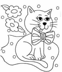 Название: Раскраска Маленькая кошка с бантиком на шее сидит на подушке. Категория: . Теги: .