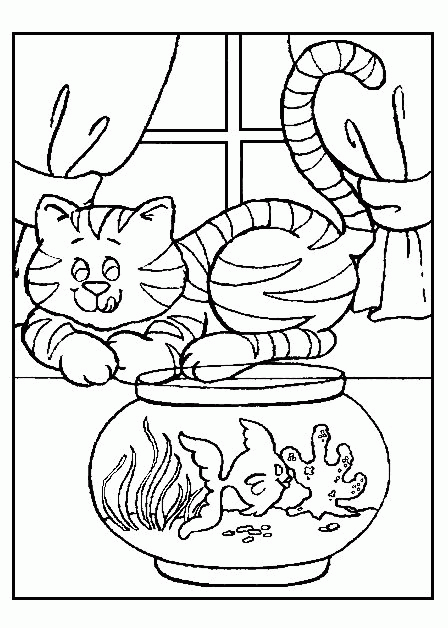 Название: Раскраска Распечатать раскраску кошка спит на окне возле аквариума. Категория: . Теги: .