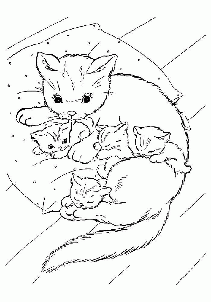 Название: Раскраска Кошка с котятами отдыхают. Категория: . Теги: .