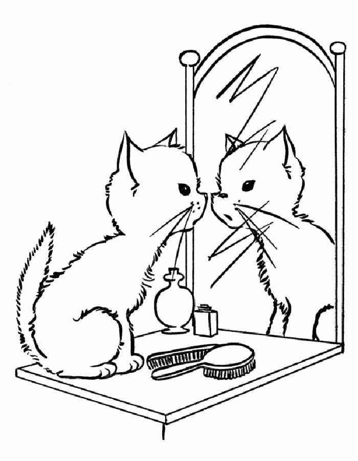 Название: Раскраска Детские раскраски для девочек и мальчиков, кошка смотрит в зеркало, отражение, расческа. Категория: . Теги: .