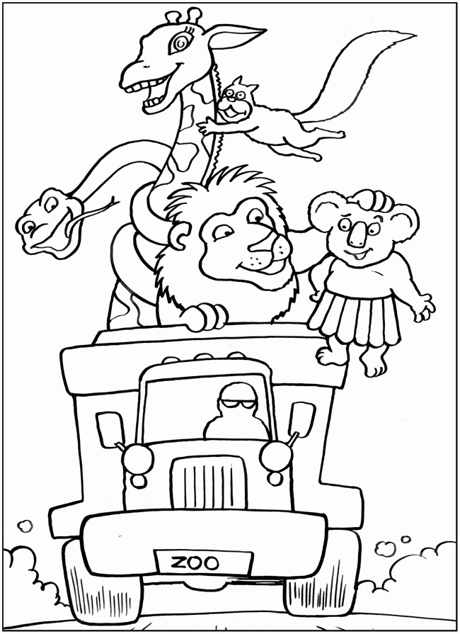 Название: Раскраска Лев, жираф, змея, белка и коала едут на большом грузовике. Категория: . Теги: .