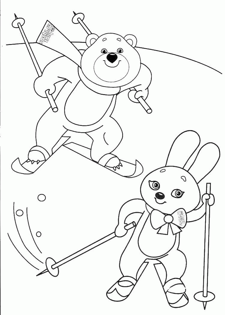 Название: Раскраска Олимпийский мишка и зайка на лыжах. Категория: . Теги: .