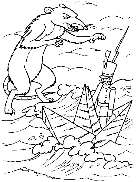 Название: Раскраска Крыса пытается поймать оловянного солдатики но он уплывает на бумажном кораблике по воде. Категория: . Теги: .