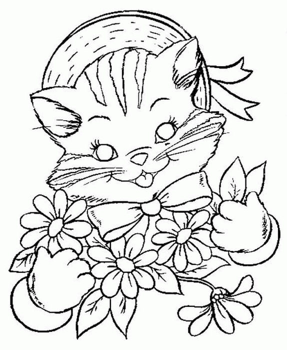 Название: Раскраска Раскраски кошки  кошка, шляпа, цветы, раскраски для детей. Категория: . Теги: .